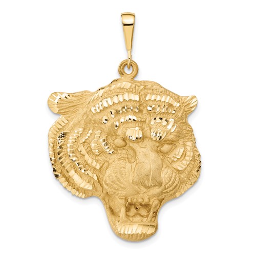 14K Yellow Gold Large Satin Diamond-cut Tiger Head Pendant