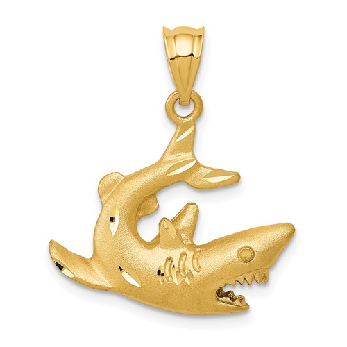 14K Satin Diamond-cut Swimming Shark Pendant