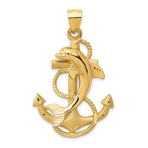 14K Yellow Gold Large Polished and Satin Dolphin on Anchor Charm