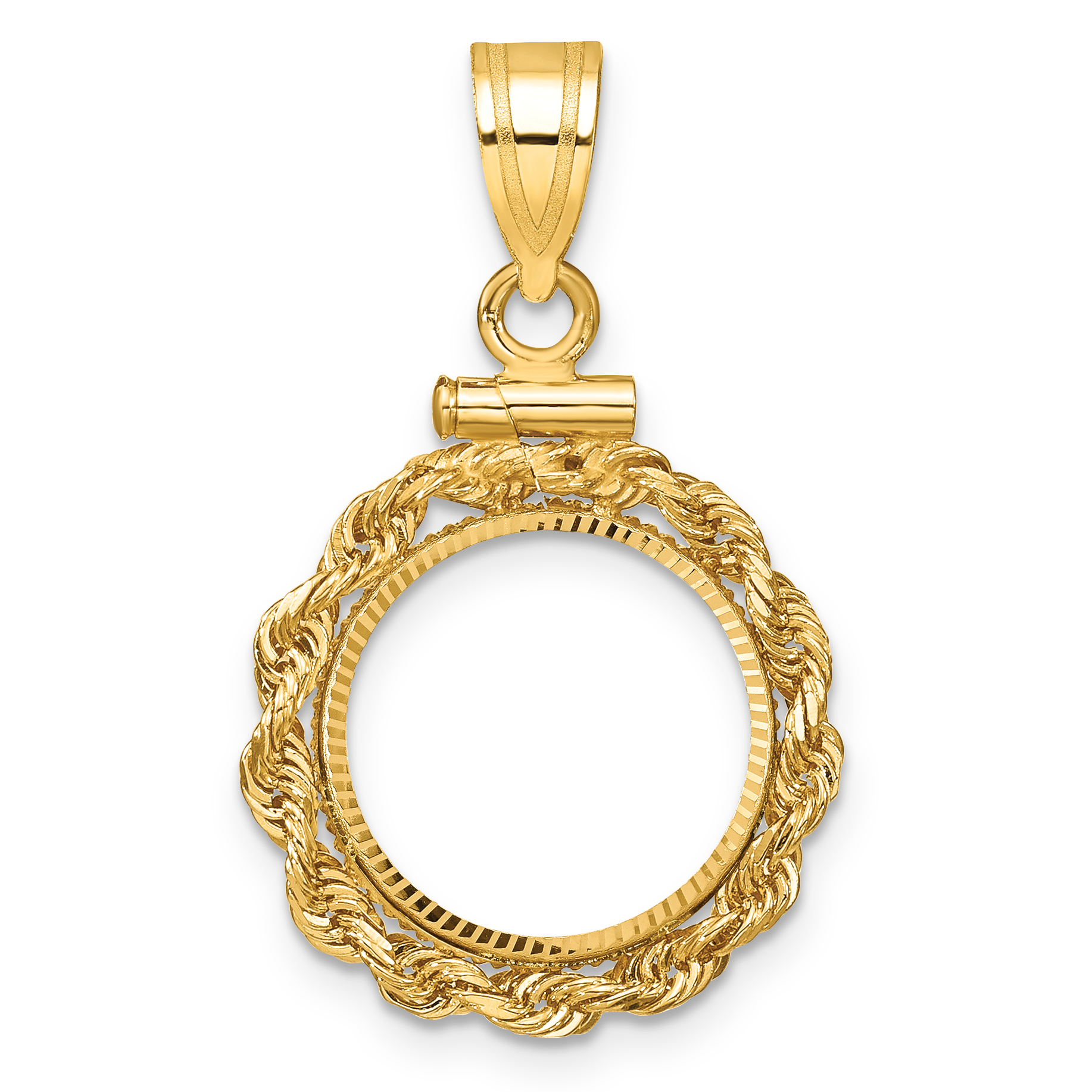Wideband Distinguished Coin Jewelry 14k Polished Rope and Diamond-cut 13.0mm x 1.1mm Screw Top Coin Bezel Pendant (C8179/13.0)