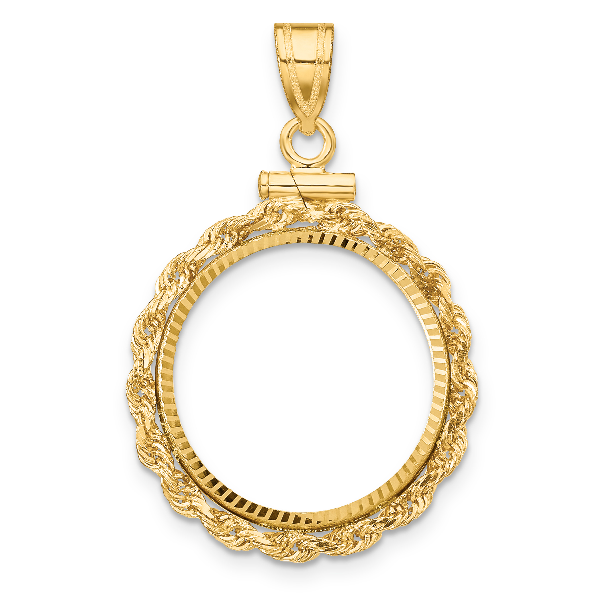 Wideband Distinguished Coin Jewelry 14k Polished Rope and Diamond-cut 17.8mm x 1.35mm Screw Top Coin Bezel Pendant (C8179/17.8)