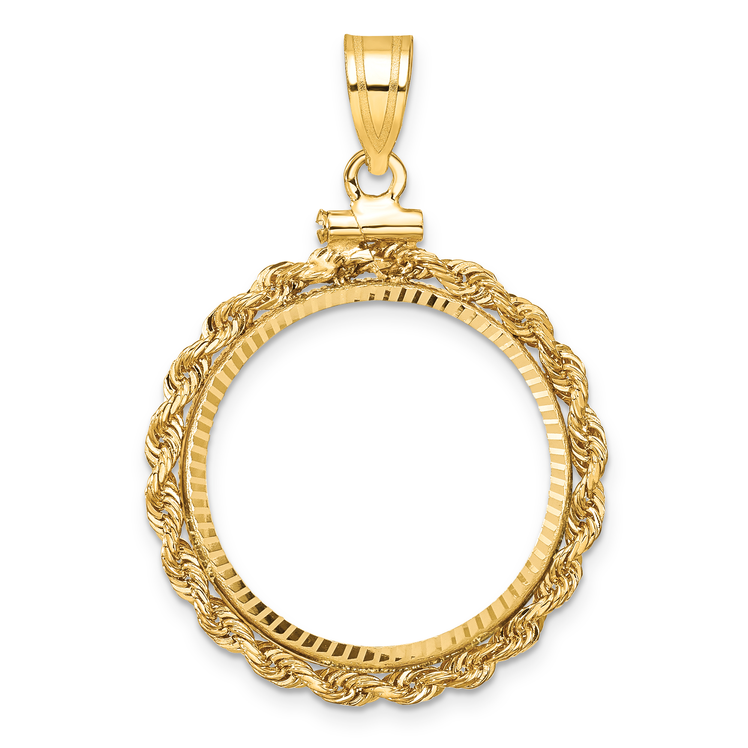 Wideband Distinguished Coin Jewelry 14k Polished Rope and Diamond-cut 21.6mm x 1.7mm Screw Top Coin Bezel Pendant (C8179/21.6)
