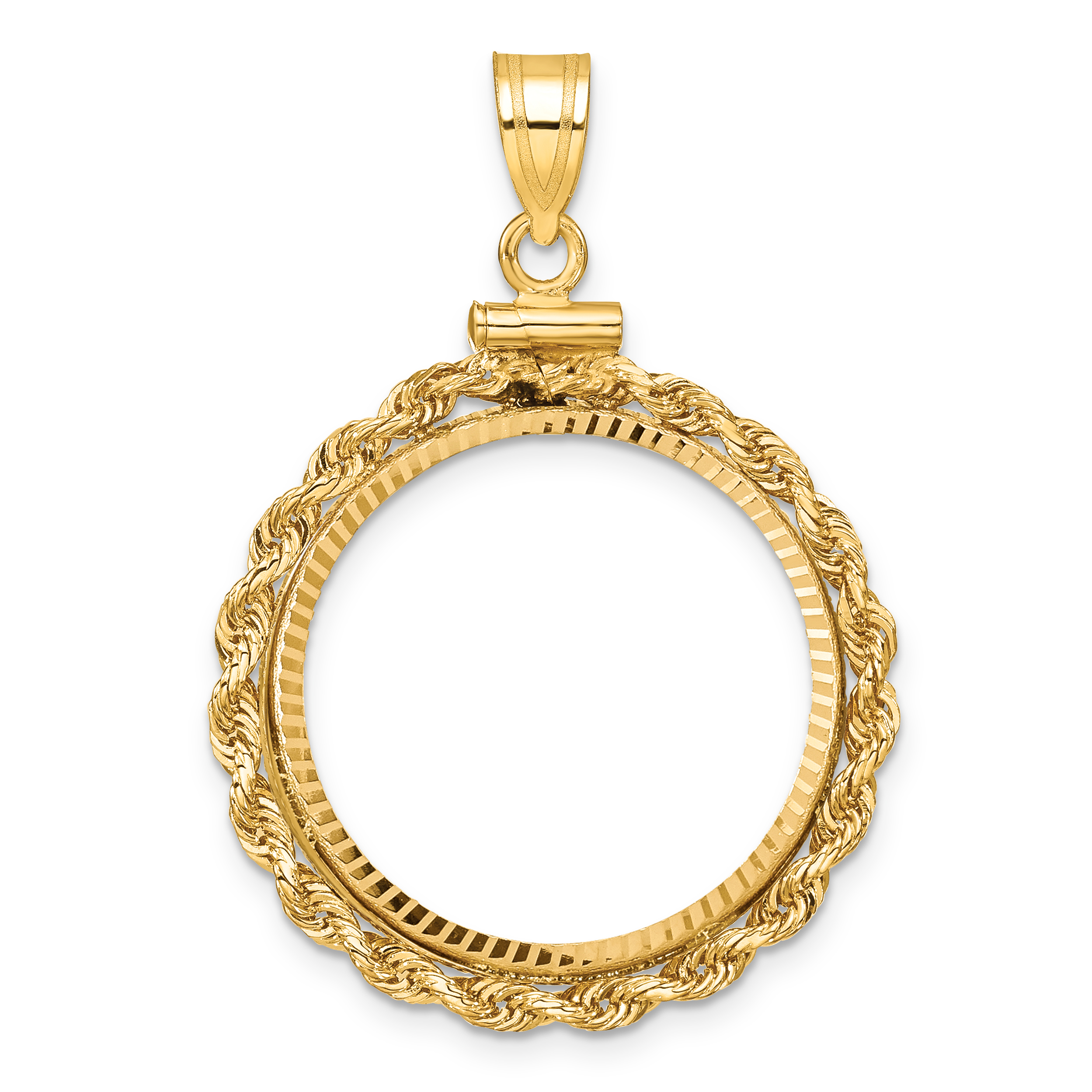 Wideband Distinguished Coin Jewelry 14k Polished Rope and Diamond-cut 22.0mm x 1.9mm Screw Top Coin Bezel Pendant (C1215D/22.0)