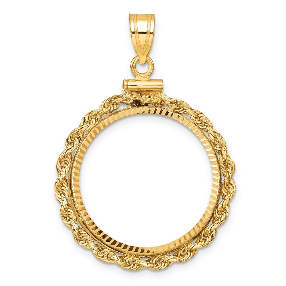 Wideband Distinguished Coin Jewelry 14k Polished Rope and Diamond-cut 22.0mm x 1.9mm Screw Top Coin Bezel Pendant (C1215D/22.0)