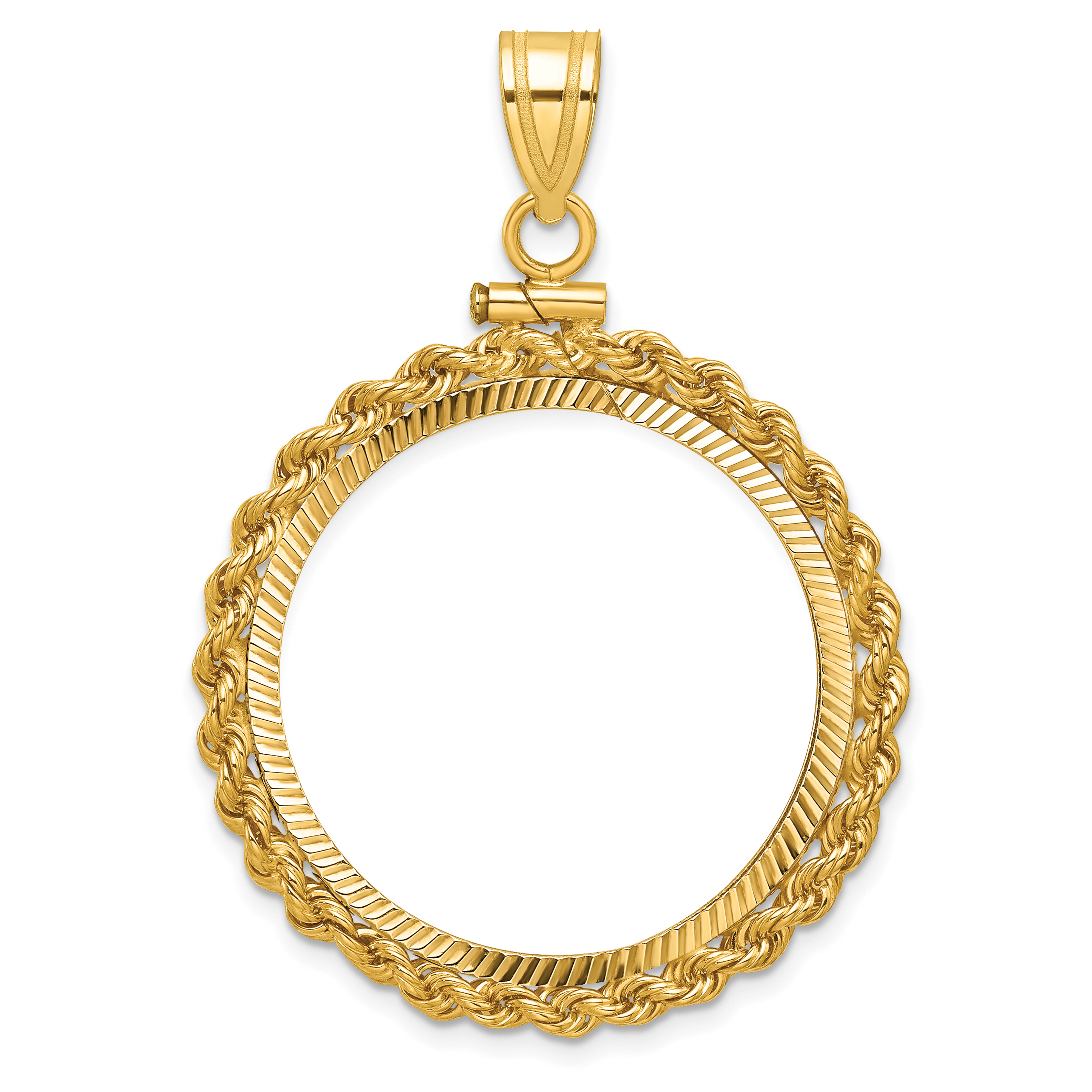 Wideband Distinguished Coin Jewelry 14k Polished Rope and Diamond-cut 27.0mm x 2.35mm Screw Top Coin Bezel Pendant (C8179/27.0)