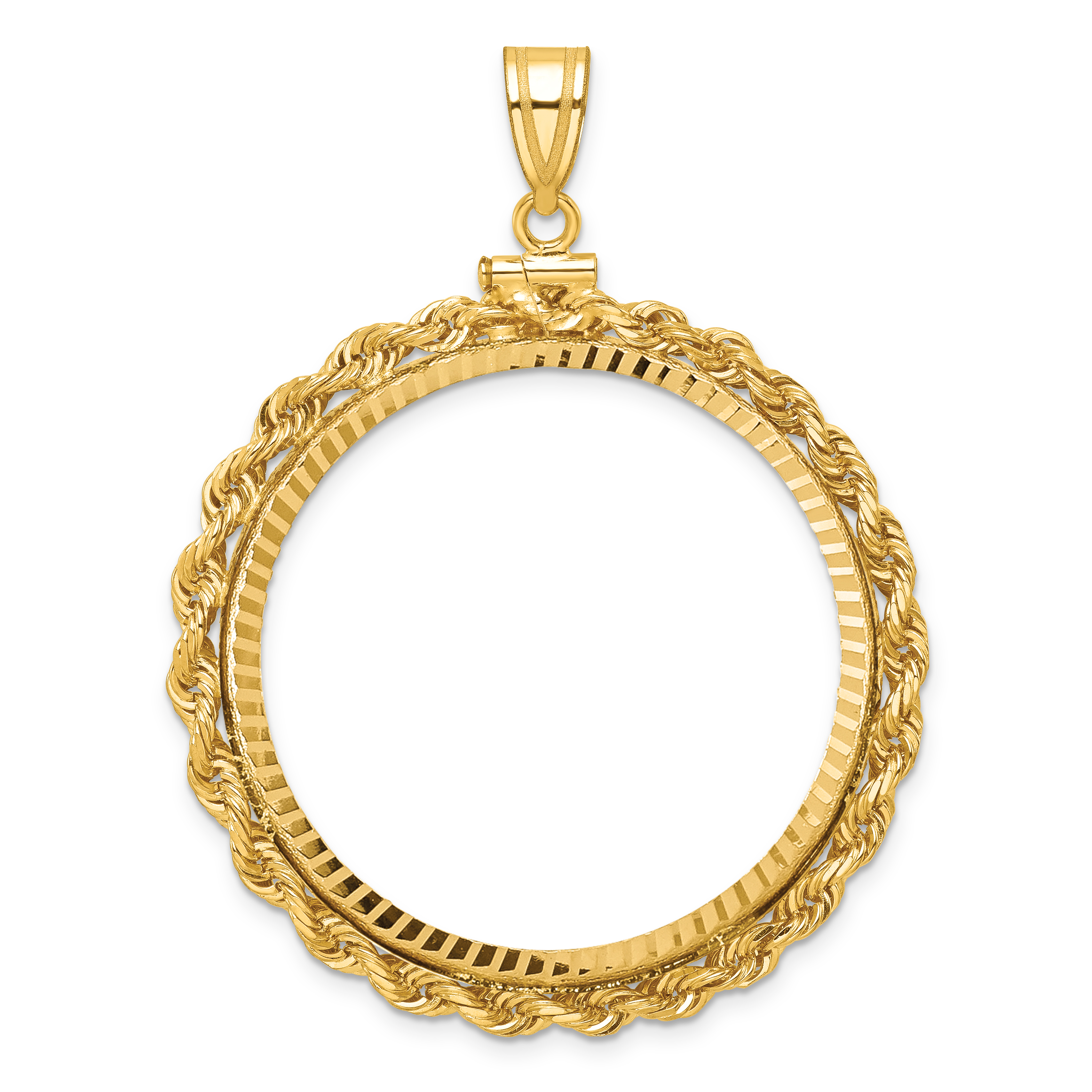 Wideband Distinguished Coin Jewelry 14k Polished Rope and Diamond-cut 34.2mm x 2.85mm Screw Top Coin Bezel Pendant (C1215D/34.2)