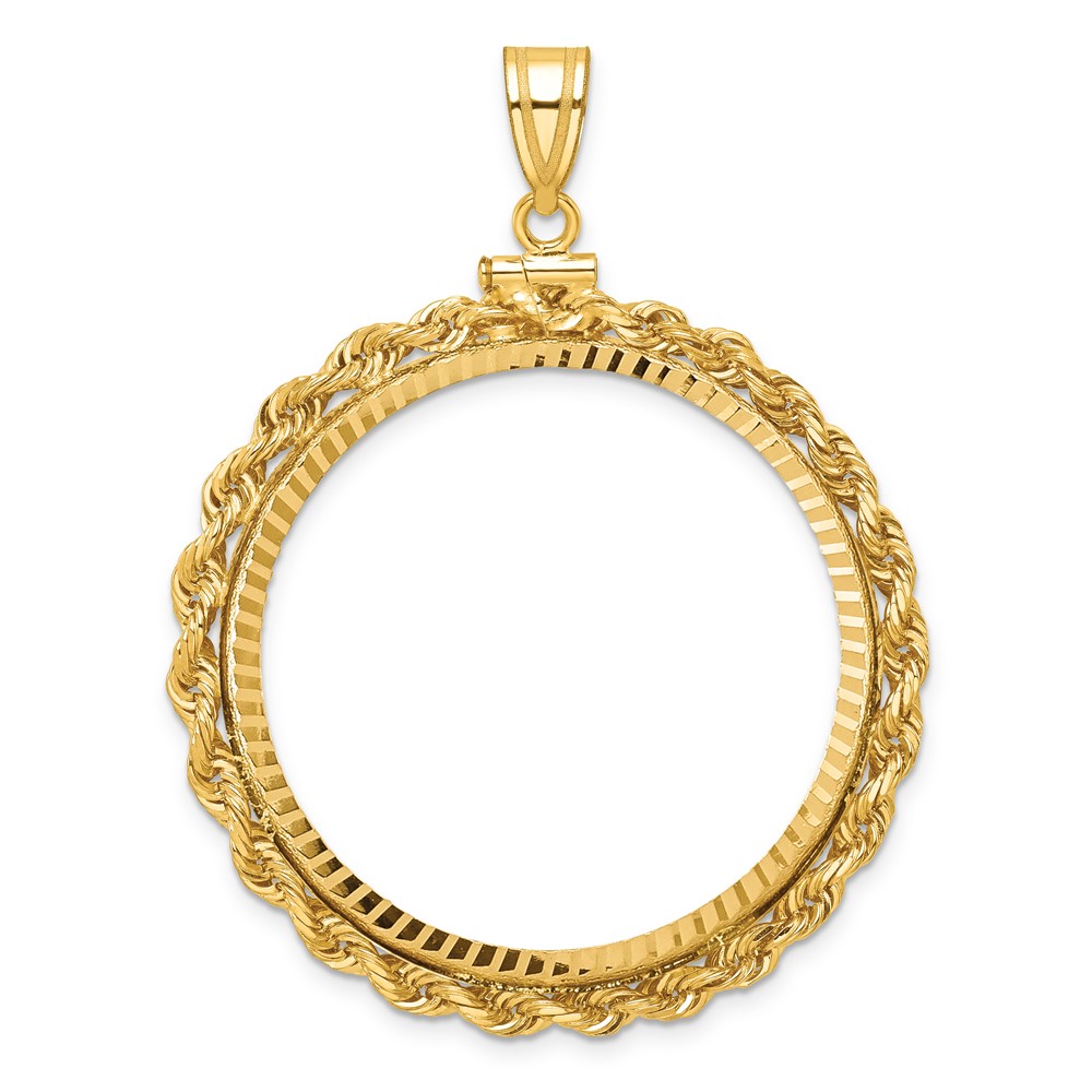 Wideband Distinguished Coin Jewelry 14k Polished Rope and Diamond-cut 34.2mm x 2.85mm Screw Top Coin Bezel Pendant (C1215D/34.2)