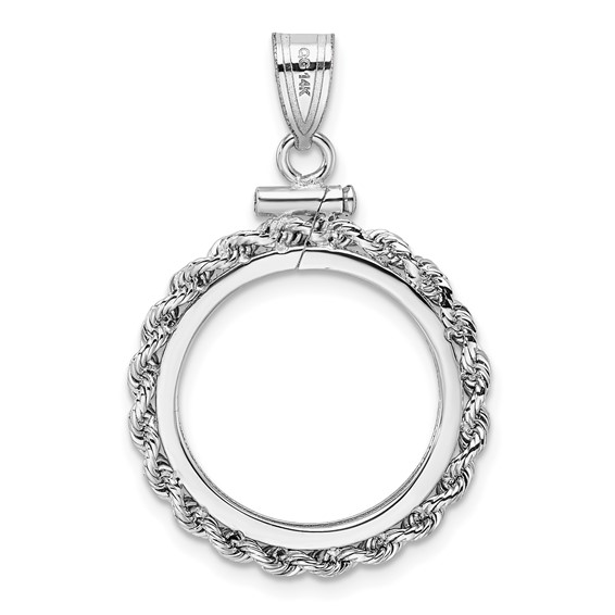 Wideband Distinguished Coin Jewelry 14k White Gold Polished Rope and Diamond-cut 17.8mm x 1.35mm Screw Top Coin Bezel Pendant