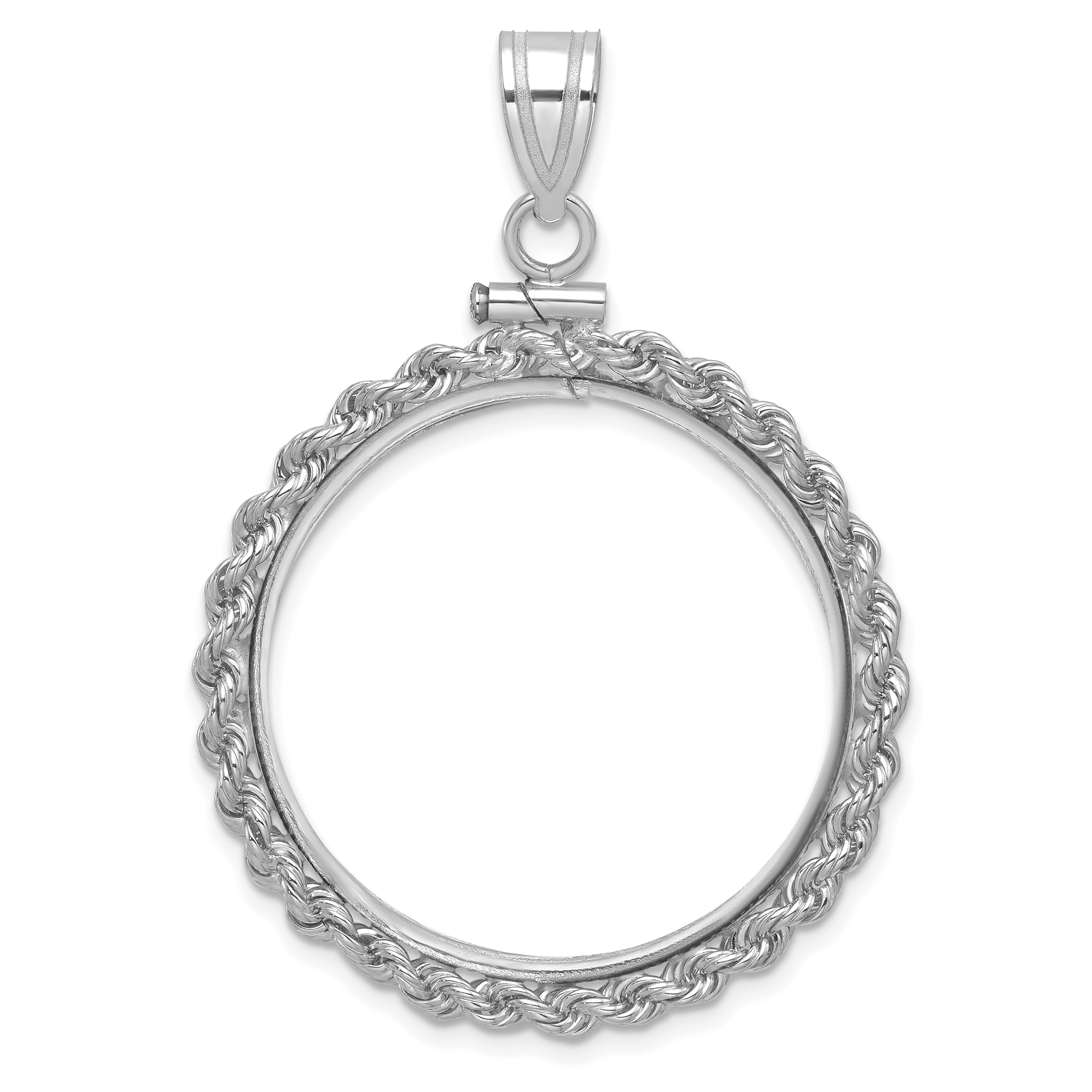 Wideband Distinguished Coin Jewelry 14k White Gold Polished Rope 27.0mm x 2.35mm Screw Top Coin Bezel Pendant (C1215W/27.0)