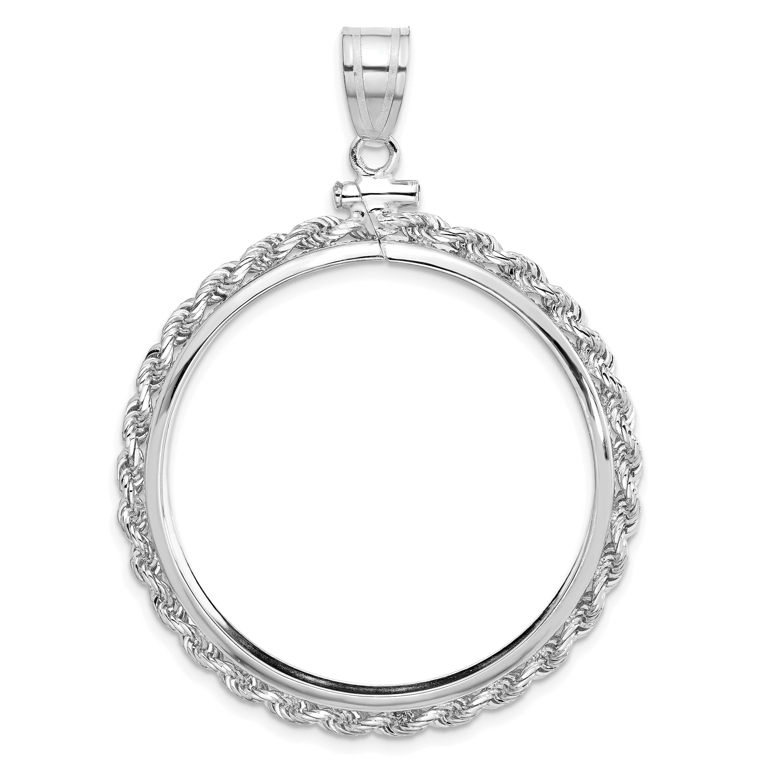 Wideband Distinguished Coin Jewelry 14k White Gold Polished Rope 32.7mm x 3.00mm Screw Top Coin Bezel Pendant (C1215W/32.7)