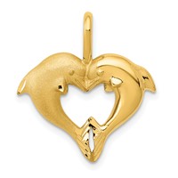 14K Yellow Gold Satin and Polished Dolphin Heart Pendant view 1