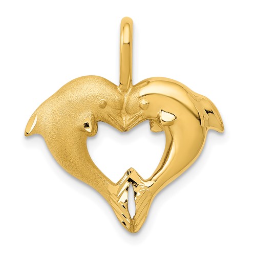 14K Yellow Gold Satin and Polished Dolphin Heart Pendant