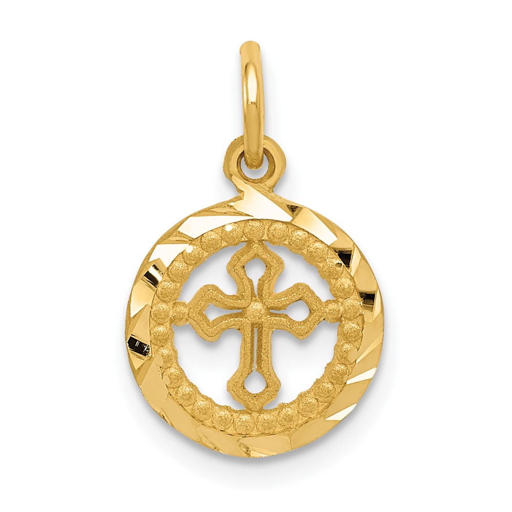 14K Yellow Gold Diamond-cut Eternal Life Cross in Circle Charm