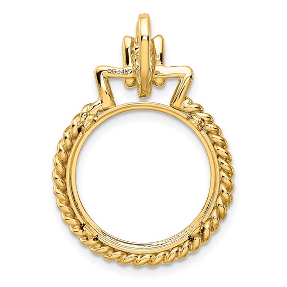 Wideband Distinguished Coin Jewelry 14k Polished Twisted Edge with Geometric Top 16.5mm Prong Coin Bezel Pendant