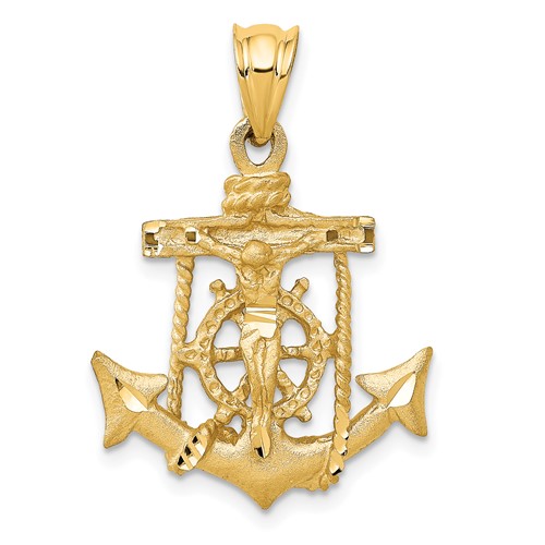14K Yellow Gold Satin Diamond-cut Mariners Crucifix Pendant