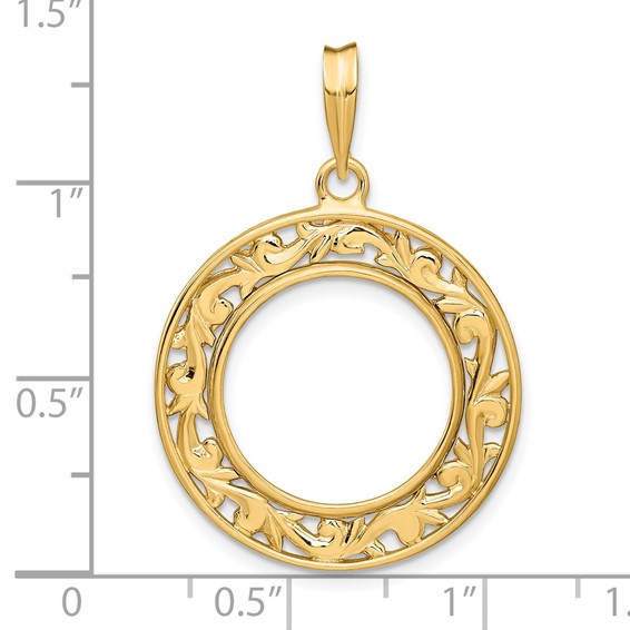 14ky Polished Curved Filigree Prong Coin Bezel Pendant              