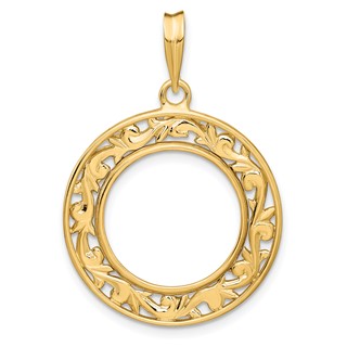 14ky Polished Curved Filigree Prong Coin Bezel Pendant              