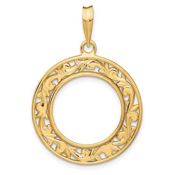 14ky Polished Curved Filigree Prong Coin Bezel Pendant              