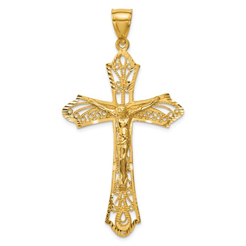 14K Yellow Gold Satin Diamond-Cut Crucifix Pendant