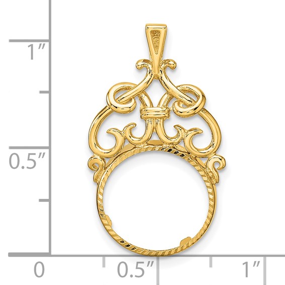 Wideband Distinguished Coin Jewelry 14k Polished Fancy Filigree Top and Diamond-cut 13.0mm Prong Coin Bezel Pendant