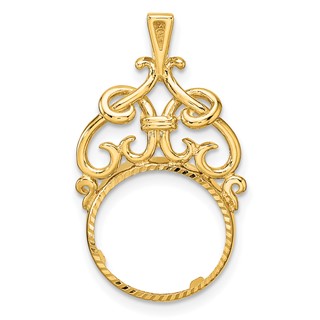 Wideband Distinguished Coin Jewelry 14k Polished Fancy Filigree Top and Diamond-cut 13.0mm Prong Coin Bezel Pendant