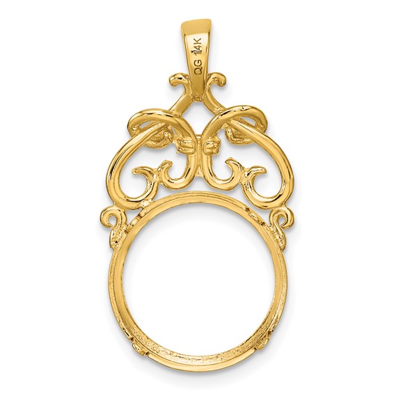 Wideband Distinguished Coin Jewelry 14k Polished Fancy Filigree Top and Diamond-cut 14.0mm Prong Coin Bezel Pendant