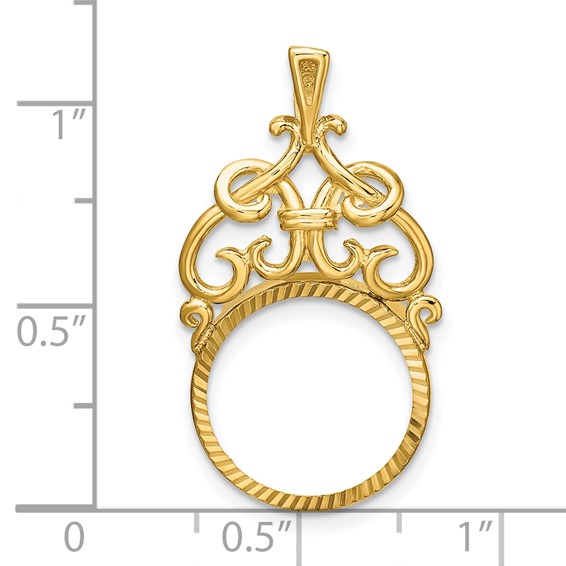 Wideband Distinguished Coin Jewelry 14k Polished Fancy Filigree Top and Diamond-cut 14.0mm Prong Coin Bezel Pendant