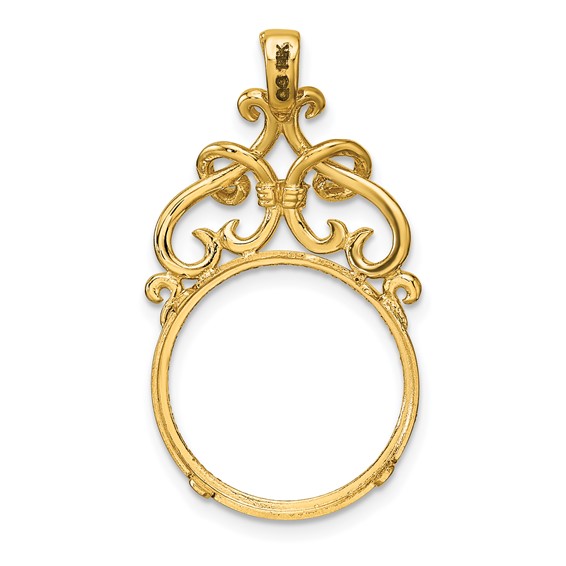 Wideband Distinguished Coin Jewelry 14k Polished Fancy Filigree Top and Diamond-cut 16.5mm Prong Coin Bezel Pendant