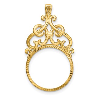 Wideband Distinguished Coin Jewelry 14k Polished Fancy Filigree Top and Diamond-cut 16.5mm Prong Coin Bezel Pendant