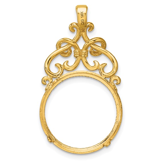 Wideband Distinguished Coin Jewelry 14k Polished Fancy Filigree Top and Diamond-cut 17.8mm Prong Coin Bezel Pendant