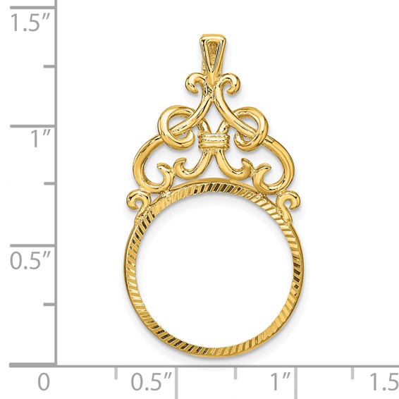 Wideband Distinguished Coin Jewelry 14k Polished Fancy Filigree Top and Diamond-cut 17.8mm Prong Coin Bezel Pendant