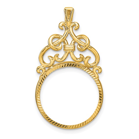 Wideband Distinguished Coin Jewelry 14k Polished Fancy Filigree Top and Diamond-cut 17.8mm Prong Coin Bezel Pendant
