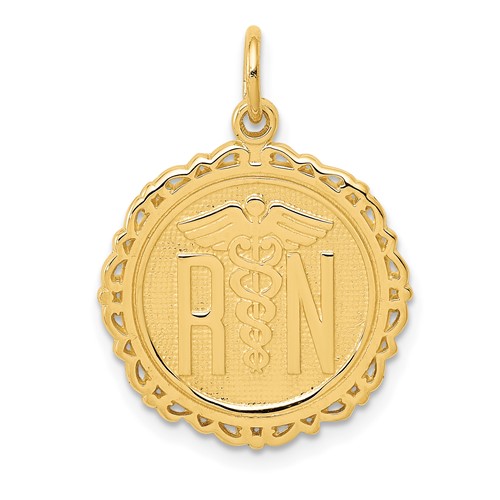 14K Yellow Gold RN Registered Nurse Textured Back Disc Charm