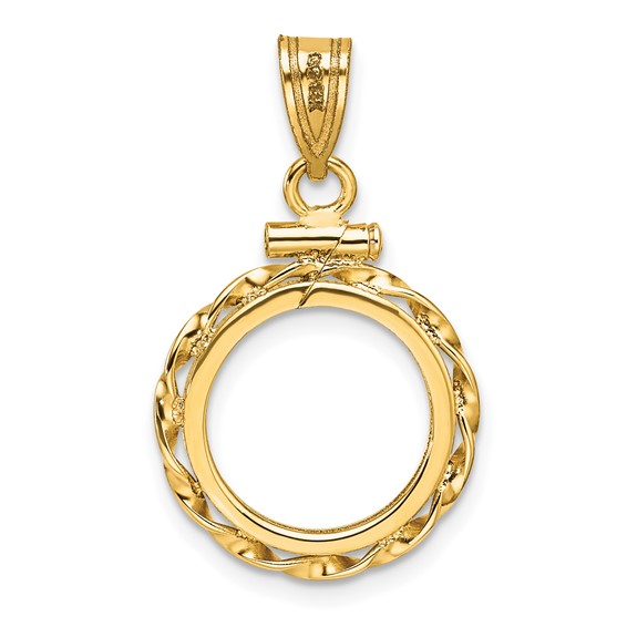 Wideband Distinguished Coin Jewelry 14k Polished Hand Twisted Ribbon and Diamond-cut 13.0mm x 1.1mm Screw Top Coin Bezel Pendant