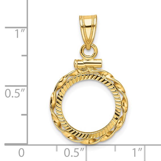 Wideband Distinguished Coin Jewelry 14k Polished Hand Twisted Ribbon and Diamond-cut 13.0mm x 1.1mm Screw Top Coin Bezel Pendant