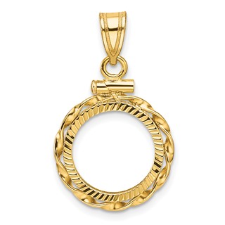 Wideband Distinguished Coin Jewelry 14k Polished Hand Twisted Ribbon and Diamond-cut 13.0mm x 1.1mm Screw Top Coin Bezel Pendant