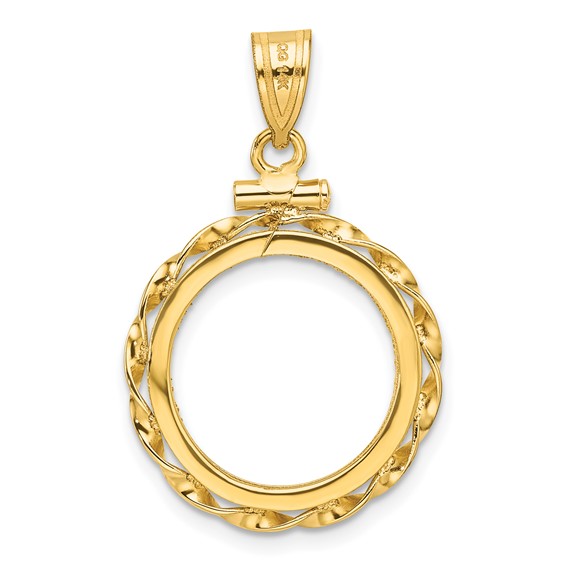 Wideband Distinguished Coin Jewelry 14k Polished Hand Twisted Ribbon and Diamond-cut 16.0mm x 1.35mm Screw Top Coin Bezel Pendant