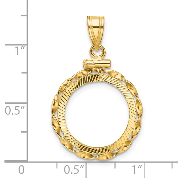 Wideband Distinguished Coin Jewelry 14k Polished Hand Twisted Ribbon and Diamond-cut 16.0mm x 1.35mm Screw Top Coin Bezel Pendant