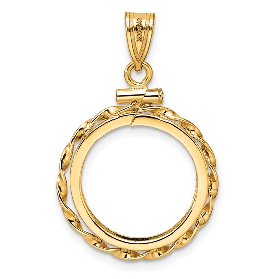 Wideband Distinguished Coin Jewelry 14k Polished Hand Twisted Ribbon and Diamond-cut 16.5mm x 1.35mm Screw Top Coin Bezel Pendant
