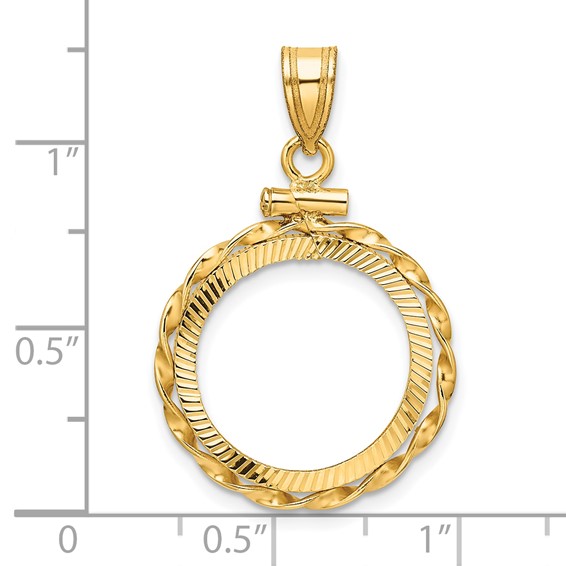 Wideband Distinguished Coin Jewelry 14k Polished Hand Twisted Ribbon and Diamond-cut 16.5mm x 1.35mm Screw Top Coin Bezel Pendant