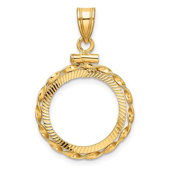 Wideband Distinguished Coin Jewelry 14k Polished Hand Twisted Ribbon and Diamond-cut 16.5mm x 1.35mm Screw Top Coin Bezel Pendant
