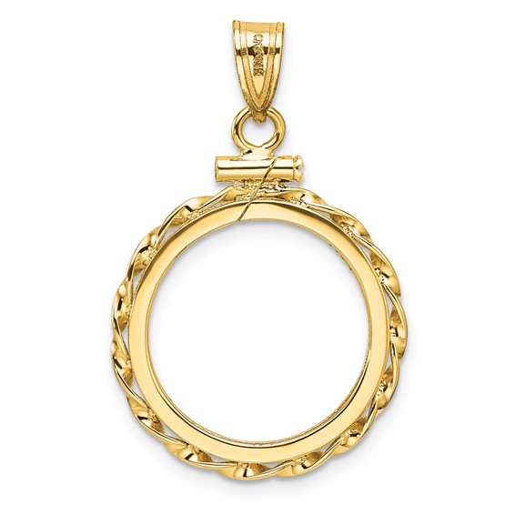 Wideband Distinguished Coin Jewelry 14k Polished Hand Twisted Ribbon and Diamond-cut 17.8mm x 1.35mm Screw Top Coin Bezel Pendant