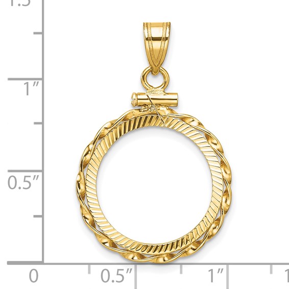 Wideband Distinguished Coin Jewelry 14k Polished Hand Twisted Ribbon and Diamond-cut 17.8mm x 1.35mm Screw Top Coin Bezel Pendant