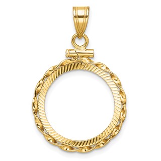 Wideband Distinguished Coin Jewelry 14k Polished Hand Twisted Ribbon and Diamond-cut 17.8mm x 1.35mm Screw Top Coin Bezel Pendant