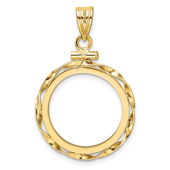 Wideband Distinguished Coin Jewelry 14k Polished Hand Twisted Ribbon and Diamond-cut 18.0mm x 1.35mm Screw Top Coin Bezel Pendant