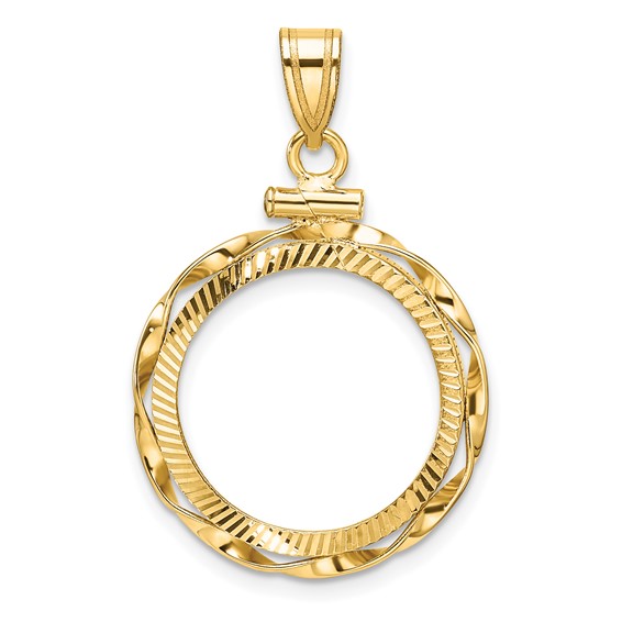Wideband Distinguished Coin Jewelry 14k Polished Hand Twisted Ribbon and Diamond-cut 18.0mm x 1.35mm Screw Top Coin Bezel Pendant