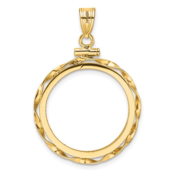 Wideband Distinguished Coin Jewelry 14k Polished Hand Twisted Ribbon and Diamond-cut 21.6mm x 1.7mm Screw Top Coin Bezel Pendant