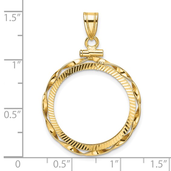Wideband Distinguished Coin Jewelry 14k Polished Hand Twisted Ribbon and Diamond-cut 21.6mm x 1.7mm Screw Top Coin Bezel Pendant