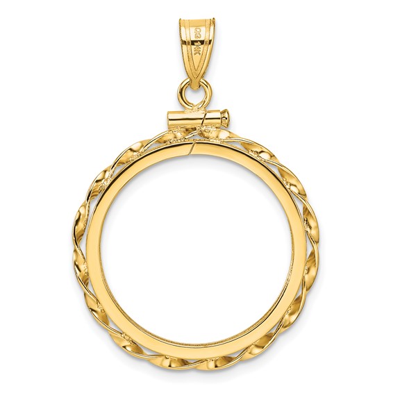 Wideband Distinguished Coin Jewelry 14k Polished Hand Twisted Ribbon and Diamond-cut 22.0mm x 1.9mm Screw Top Coin Bezel Pendant