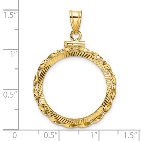 Wideband Distinguished Coin Jewelry 14k Polished Hand Twisted Ribbon and Diamond-cut 22.0mm x 1.9mm Screw Top Coin Bezel Pendant